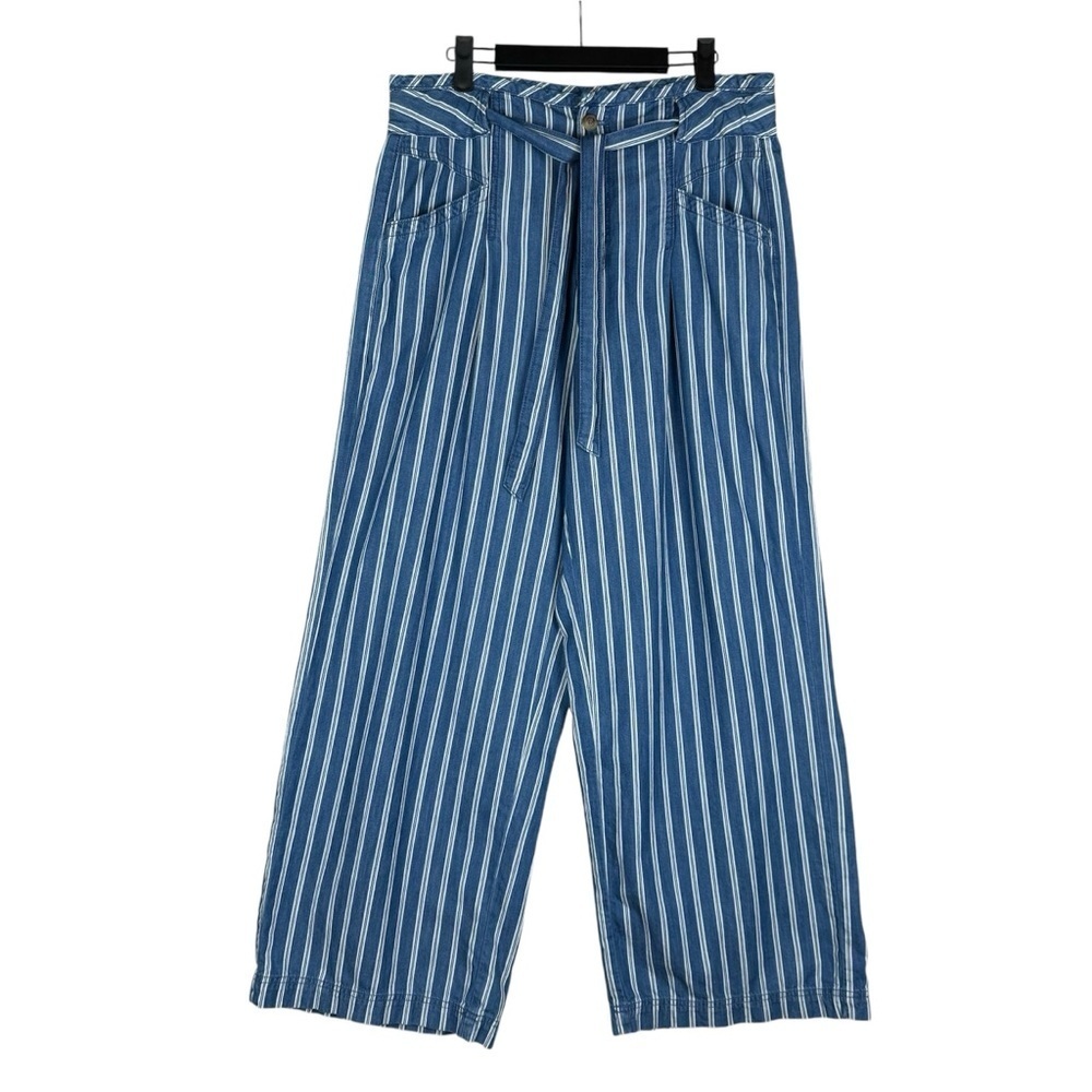 American Eagle Womens Pants Striped Wide Leg Size 12 Tie Waist Cotton Blue White